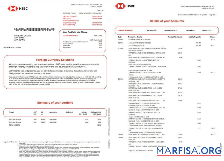 Realistic Australia HSBC bank statement 3 pages sample